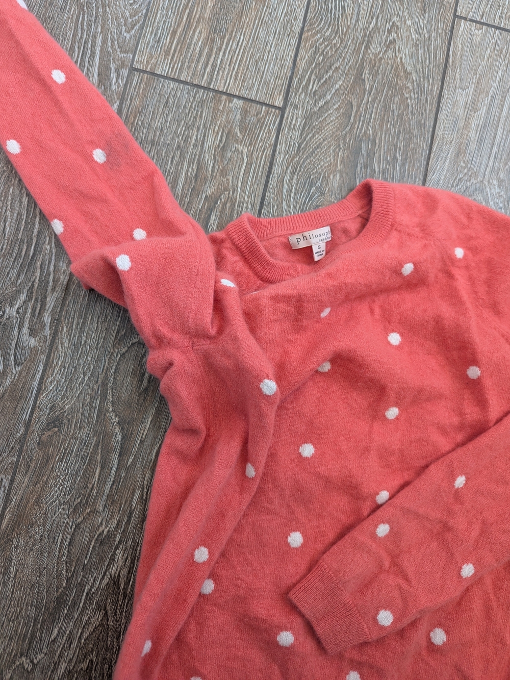 Philosophy Cashmere Sweater Small Coral Pink Polka Dot Crew Neck Cozy - Picture 3 of 8